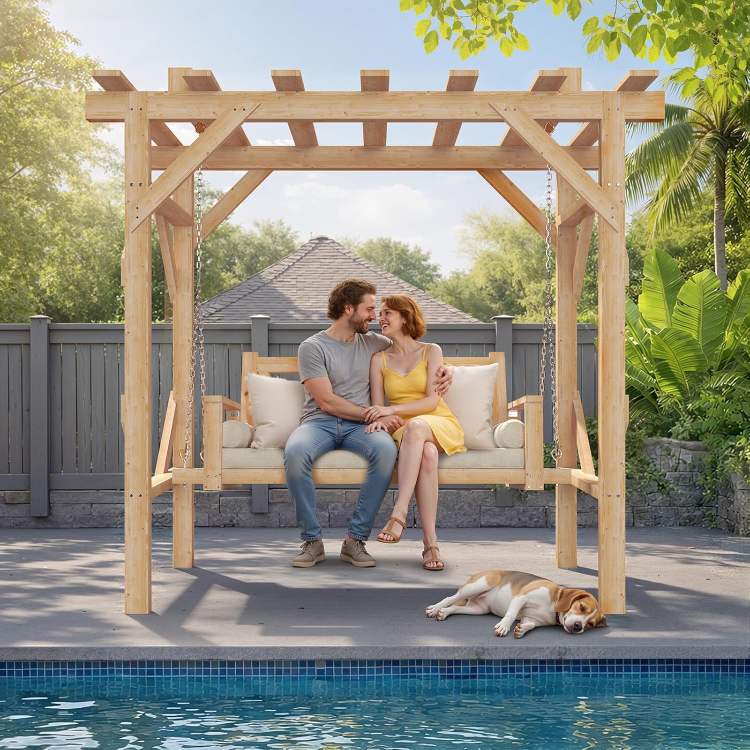Cedar Wood Pergola Swing Bench - Hanging Egg Chair review and price